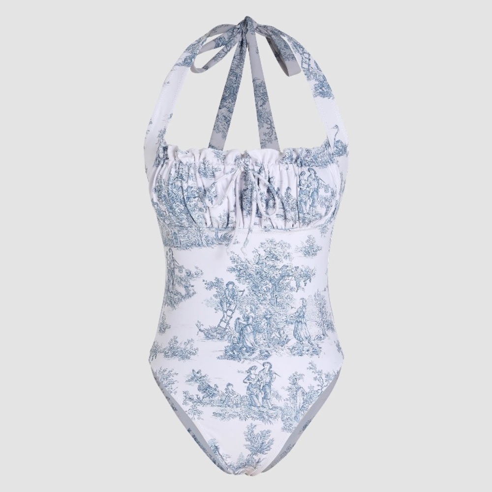 NWT Santorini Beach Vacation Toile De Jouy Ruffle One Piece Swimsuit Size XL